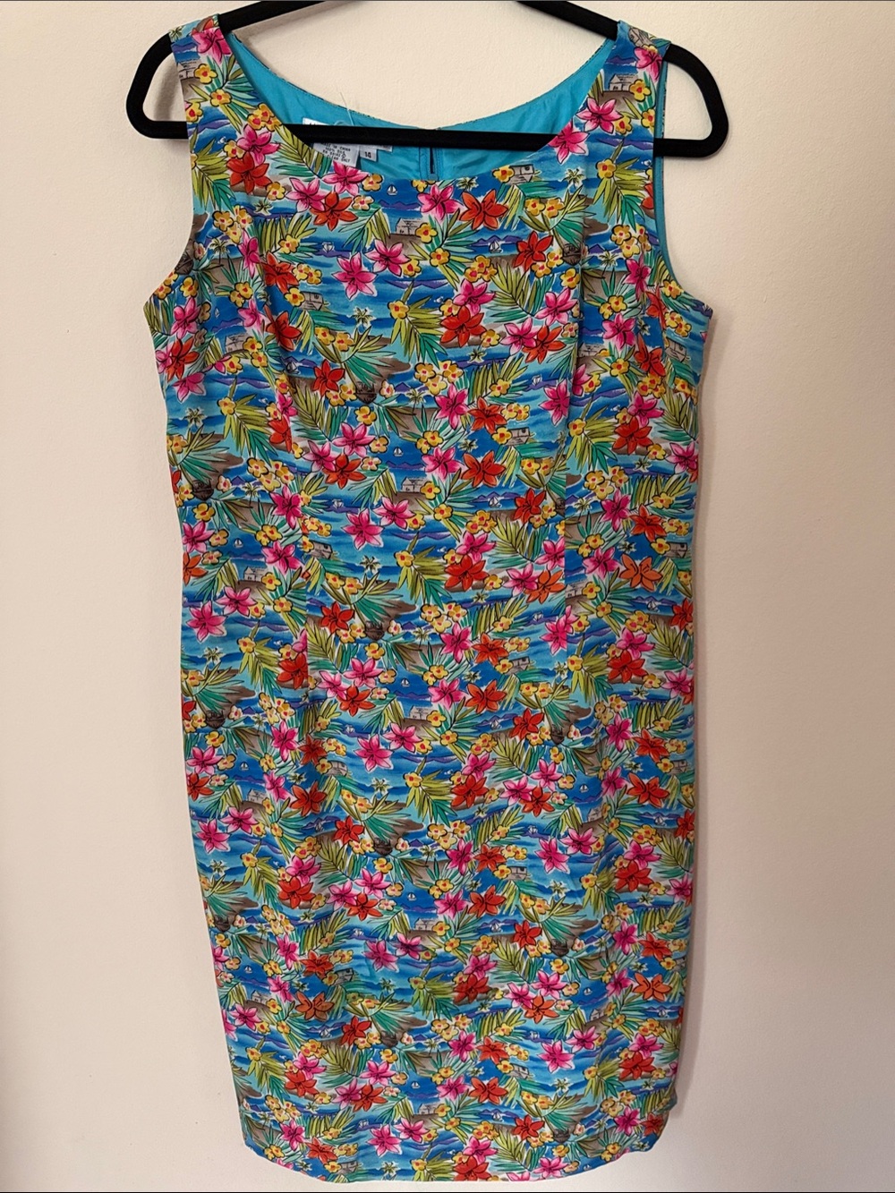 Vintage Maggy London Silk Turquoise Tropical Floral Ladies Mini Dress Size 14